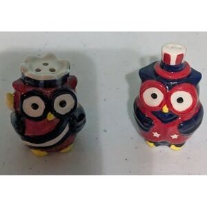 Patriotic Owl 4th of July Red White & Blue Salt & Pepper Shakers Set Rare 2.25"
